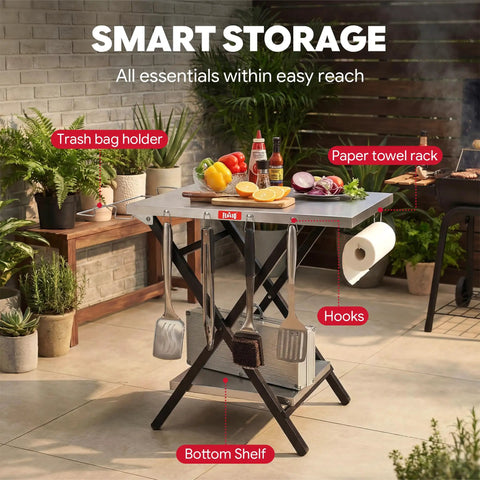 Foldable Outdoor Grill Table And Prep Station With Pizza Oven Base And Griddle Stand showing paper towel rack and trash holder