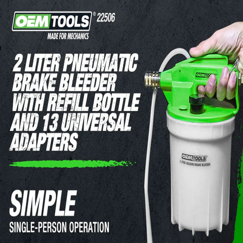 Hand holding 2L Vacuum Brake Bleeder Kit for One Person Operation, showing pneumatic bleeder tool and refill bottle.
