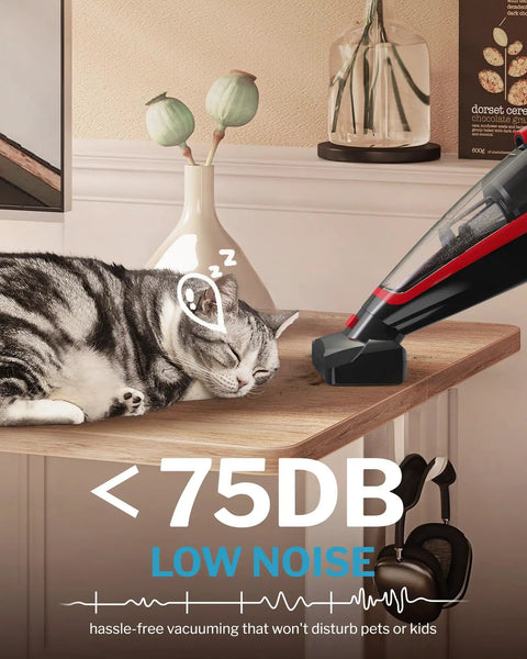 Pet Hair Handheld Vacuum Cordless With Rechargeable Battery Motorized Brush And Reusable Filters next to sleeping cat on table