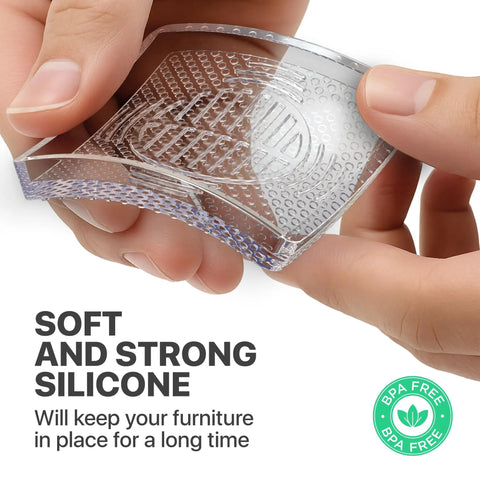 Close-up of clear square anti slip furniture pad, 3x3 inch silicone material, strong grip for heavy furniture use.