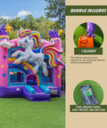 Unicorn Bounce House With Slide And Pool 34 By 12.5 By 13.5 Ft Ultra Tough 15oz PVC Vinyl Basketball Hoop Blower Indoor Outdoor Rental Grade Jump House For Kids And Adults with included blower and stakes.