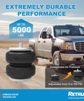 RETRUE rear air bag suspension kit; front view, two black air springs for Toyota Tacoma (2005–2023), 5000 lb capacity