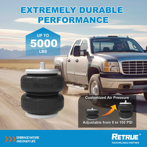 RETRUE rear air bag suspension kit; front view, two black air springs for Toyota Tacoma (2005–2023), 5000 lb capacity