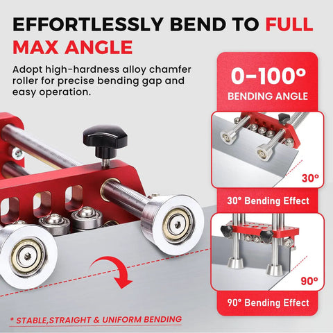 Two Station Metal Bender That Nails 0 To 100 Degree Bends Portable Seven Inch Sheet Metal Roller with bend effects display.