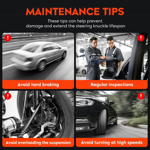 Maintenance tips for Heavy Duty Steering Knuckle And Wheel Bearing Hub Assembly with car and mechanic images.