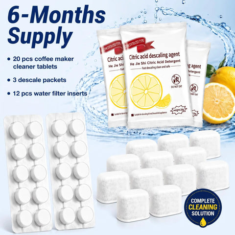 Six Month All In One Espresso Cleaning Kit For Ninja Luxe Cafe With Descaler Tablets Water Filter Inserts And Coffee Maker Cleaner Tablets For Comprehensive Coffee Machine Maintenance; 20 tablets, 12 inserts