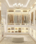 Massive 100 Inch White Closet Organizer With Four Roomy Wooden Drawers And Four Heavy Duty Hanging Rods Featuring Sixteen Handy Cubby Storages For A Quick Walk In Wardrobe Setup That Is A Total No Brainer in a spacious walk-in closet design.