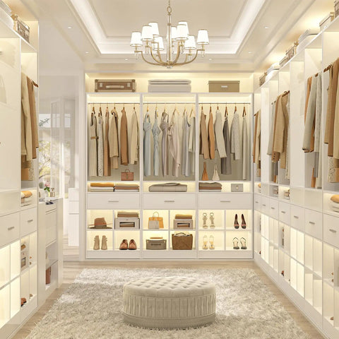 Massive 100 Inch White Closet Organizer With Four Roomy Wooden Drawers And Four Heavy Duty Hanging Rods Featuring Sixteen Handy Cubby Storages For A Quick Walk In Wardrobe Setup That Is A Total No Brainer in a spacious walk-in closet design.