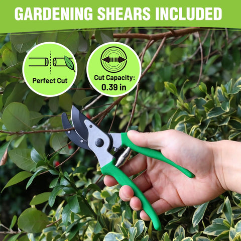 Hand holding green gardening shears cutting a branch, with cut capacity 0.39 in, surrounded by green foliage.
