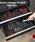 Heavy Duty Tool Box Liner 14 Inch Wide By 20 Feet Thick Non Slip Drawer Foam Mat For Rolling Tool Chest Cabinet Shelf Protector Black Rubber Mat For Workbench Keeps Tools From Scratching Spills And Dings, installed in tool chest with wrenches and screwdrivers