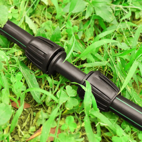 Half Inch Drip Irrigation Tubing Couplings Kit, 12 Barbed Locking Connectors for Drip Tubing, 16mm OD, in garden setting.