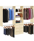 Wall Mounted Closet Organizer With Deep Shelves And Drawers Heavy Duty Laminated Wood Wardrobe System For Sweaters And Coats with hanging clothes and drawers.