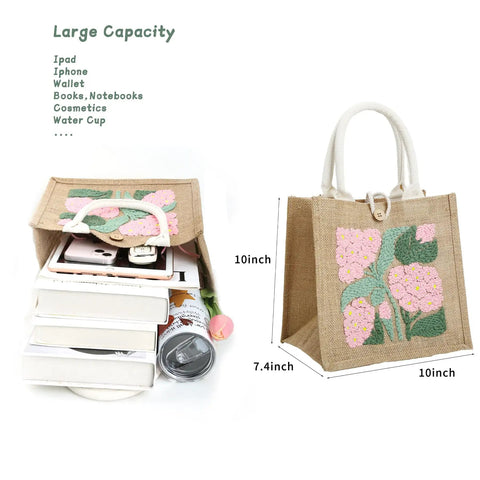 DIY Punch Needle Tote Bag Kit For Adults And Beginners With Video Tutorial And Clear Written Instructions Includes Tools For A Unique Pink Green Tote Pattern You Can Craft On The Go, showing tote bag capacity and floral design.
