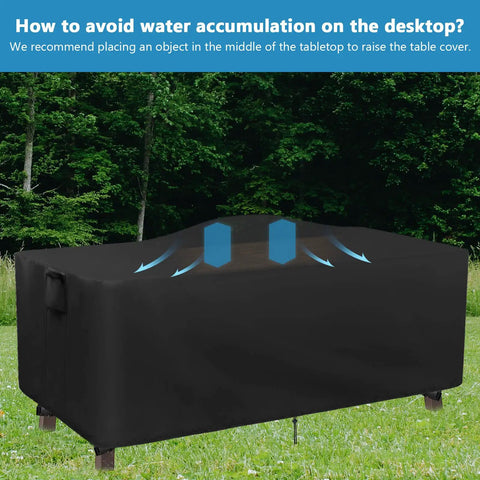 Heavy Duty Waterproof Patio Table Cover 56L x 32W x 28H Inches, Rectangular Outdoor Table Protector shown on patio