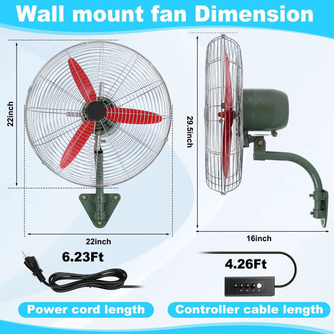 Dimensions of Tough As Nails 22 Inch Wall Mount Fan Oscillating Speckled Green Industrial Finish 7500 CFM Three Speed Metal Design.