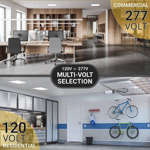 2x2 Foot Dimmable LED Flat Panel Light With 3 CCT Selectable 3000K 4000K 5000K installed in office and garage, multi-volt