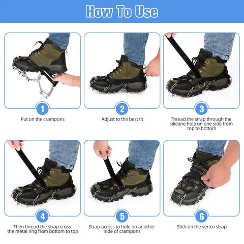 Instructions for wearing 24 Spike Ice Crampons For Shoes With Silicone Snow Grips, Heavy Duty Stainless Steel Traction Cleats.