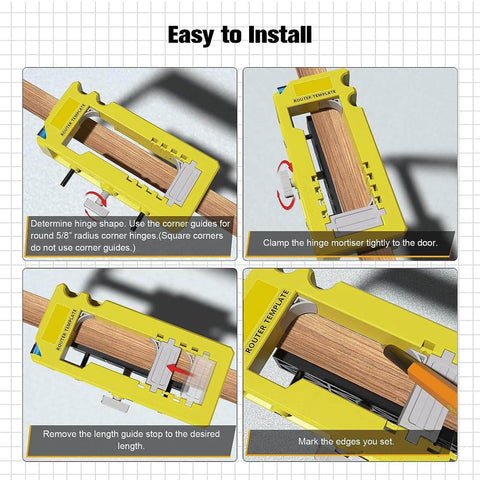 Mortise Jig Kit With Non Slip Silicone Guide And Integrated Door Hinge Mortiser for Three to Five Inch Hinges Pro Grade Router Tool for Stable Door Installations showing installation process on door edge with clear guides and instructions.