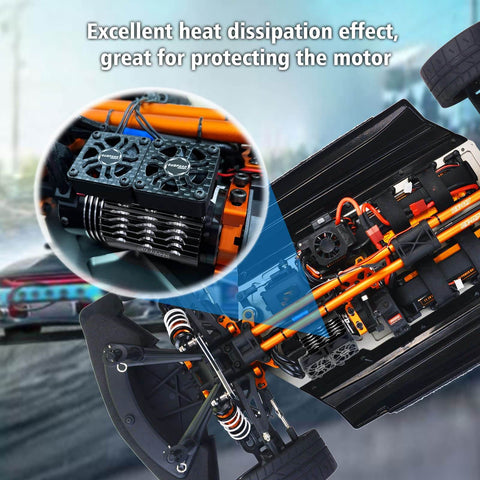 Beefed-Up Dual 30MM RC Car Cooling Fans With Aluminum Heatsink for 40 to 42mm brushless motors installed on RC car, close-up view
