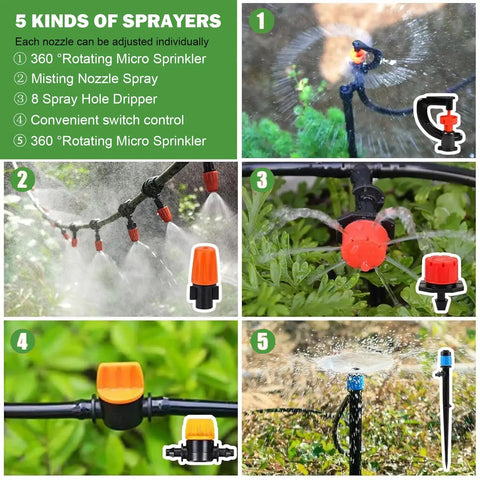 Automatic Drip Irrigation Kit for Garden with 5 sprayers and different nozzle options for efficient watering.