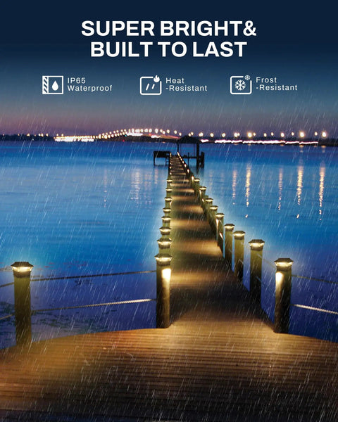 Dock lit with Solar Fence Post Cap Lights 8 Pack For 4x4 Posts With 4x6 Base 3000K Warm White Waterproof Outdoor Deck And Yard Lighting