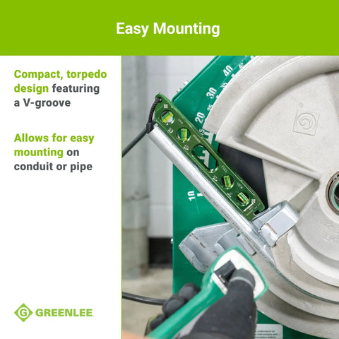 Magnetic Torpedo Level For Electricians With Conduit Bending Offset Aid attached to a metal conduit with V-groove mounting.
