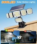Solar Flood Lights Outdoor 6000LM 336 LEDs Dual Clip Motion Sensor Lights installed on wooden fence showcasing brightness comparison