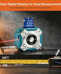 Hella Reliable Zero Hassle Two In One Laser Tape Measure With 131 Foot Laser Distance Meter And 16 Foot Retractable Steel Measuring Tape Usb C Rechargeable Backlit Lcd Display For Fast Work, digital display and laser in use.