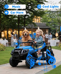 Child and dog in blue 24V 4 Seater Electric Ride On Car With Parent Remote at outdoor party, LED lights visible.