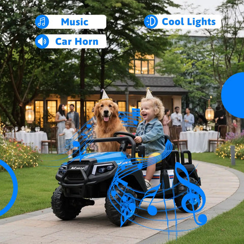 Child and dog in blue 24V 4 Seater Electric Ride On Car With Parent Remote at outdoor party, LED lights visible.