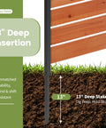 Wood Privacy Screen For Outdoors No Dig Garden Fence installation depth showing 13-inch stake in soil with reddish brown panels.