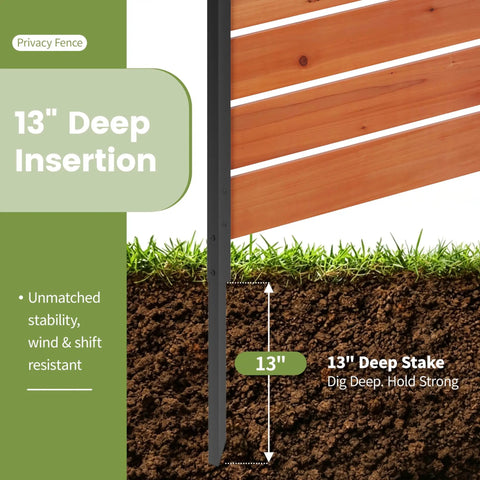 Wood Privacy Screen For Outdoors No Dig Garden Fence installation depth showing 13-inch stake in soil with reddish brown panels.