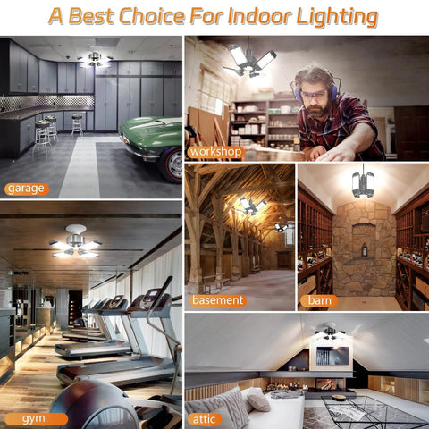Hella Bright 120W LED Garage Light With Four In One Deformable Panels 12000LM 6500K Daylight E26 E27 Screw In use in multiple settings