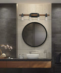 Phoenix 4-Light Vanity Light With Matte Black Finish And Dark Faux Wood Accents above modern bathroom mirror