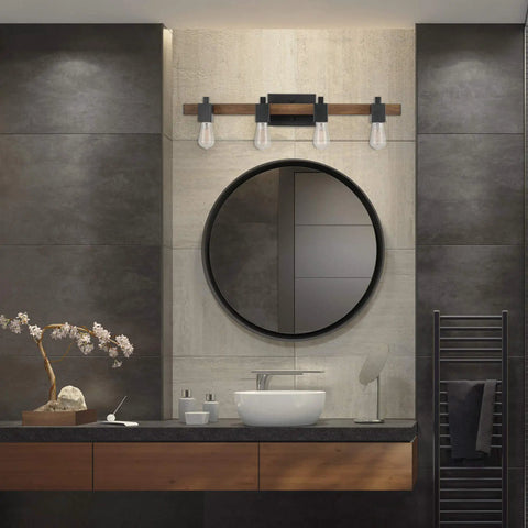 Phoenix 4-Light Vanity Light With Matte Black Finish And Dark Faux Wood Accents above modern bathroom mirror