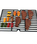 Premium Porcelain Coated Cast Iron Cooking Grates Set Of Two Twelve And Three Eighths By Nineteen And One Quarter Inches, showcasing colorful plastic food items.