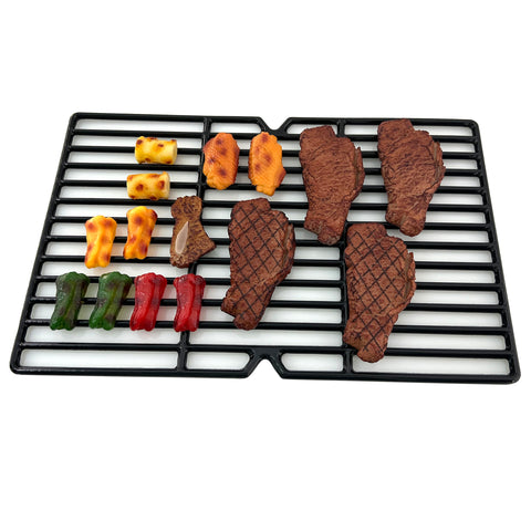 Premium Porcelain Coated Cast Iron Cooking Grates Set Of Two Twelve And Three Eighths By Nineteen And One Quarter Inches, showcasing colorful plastic food items.