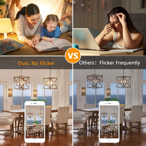 Comparison showing Retro Style Incandescent B10 Light Bulbs 40W 380 Lumens Clear Dimmable E12 Edison for different settings
