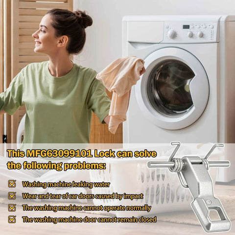 Woman with laundry near washer showcasing Washer Door Lock Hook And Strike Assembly For LG And Kenmore Washers - Replaces 4026ER4004B And More, MFG63099101