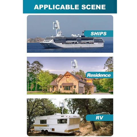 Power Up Your Off Grid Setup With A 3000W Garden Vertical Wind Turbine Kit Featuring Three Phase AC Output MPPT Controller And 12V 24V 48V 220V Options For Home And Industrial Energy Needs installed on ship, house, and RV for diverse energy solutions.