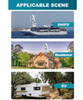 Image showing 3000W Garden Vertical Wind Turbine Kit on ship, house, and RV for off-grid power use.