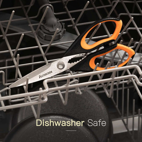 Heavy Duty Kitchen Scissors Three Pack Set Stainless Steel Kitchen Shears in dishwasher emphasizing dishwasher safe utility