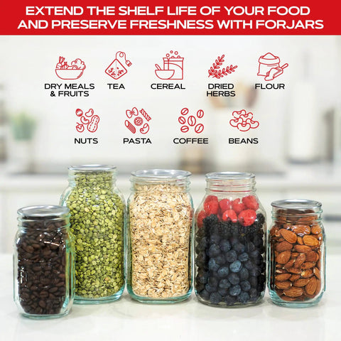 Mason Jar Vacuum Sealer Accessory Set With Cordless Hand Pump For Regular And Wide Mouth Jars filled with assorted foods.