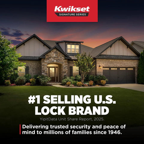 Kwikset house exterior showcasing #1 selling U.S. lock brand, highlighting trusted security and peace of mind since 1946.