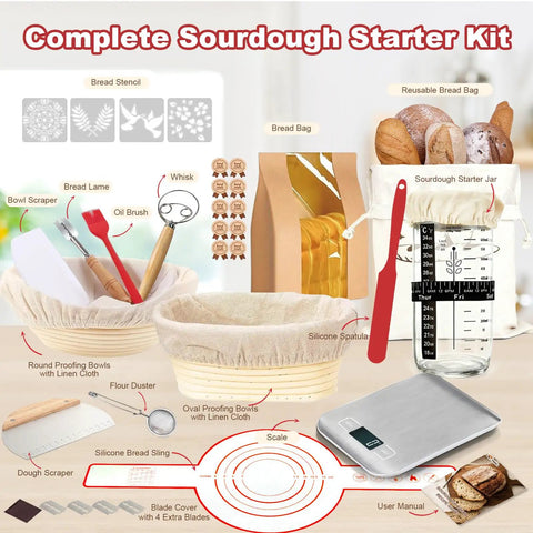 Complete Ultimate Sourdough Starter Kit With Scale Glass Jar And Banneton Proofing Basket For Newbie Bakers displayed