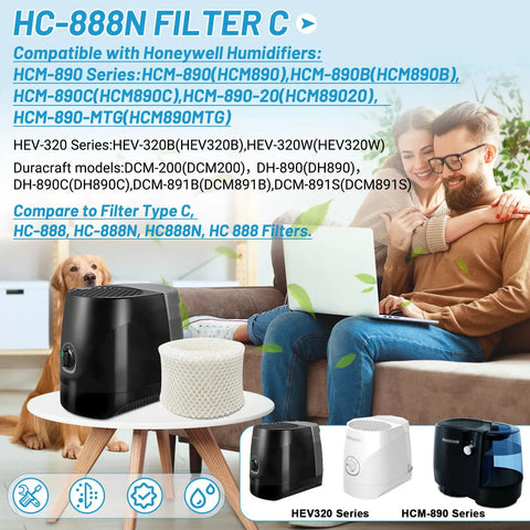 Display of Six Pack Replacement HC888 Series Filter C For Honeywell HC888 Humidifiers with compatible models shown.