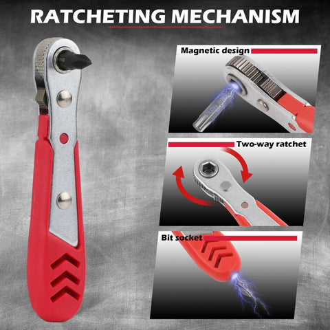 Red and silver ratchet wrench from 232 Piece Ultimate Screwdriver Bit Set With CR-V Impact Driver Bits Includes Security Bits Nut Driver Ratchet Wrench And Bits Holder For Tough Jobs Smooth Maintenance Pro Grade Performance And Long Lasting Durability, showing magnetic tip and two-way mechanism.