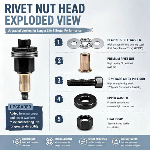 Six Size Rivet Nut Tool Kit With Manual Rivet Gun Heads M3 To M10 Includes Sixty Rivet Nuts For Panels Brackets And Metal Sheets A Handy All In One Fastening Kit For DIY Auto And Workshop, rivet nut head exploded view