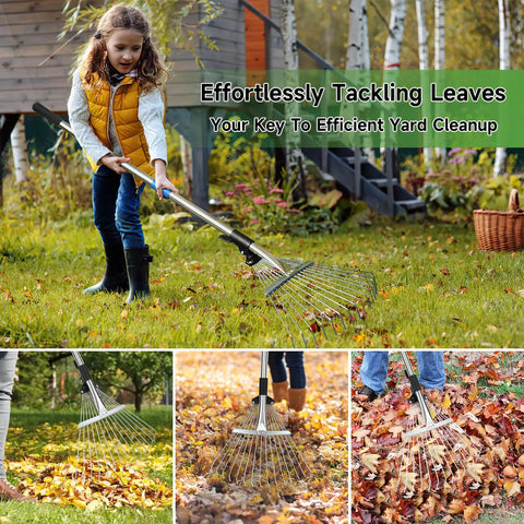 A person using a 68 Inch Metal Rake With Adjustable Handle Built For Heavy Duty Leaf Cleanup And Thatch Removal in a garden scene.