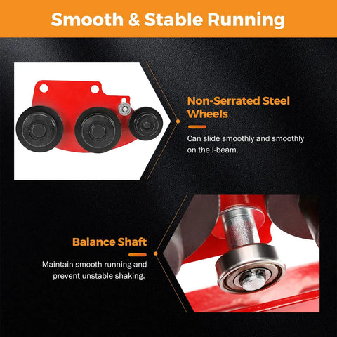 Close-up of non-serrated steel wheels and balance shaft of 1 Ton I Beam Manual Trolley With Geared Push Operation For Overhead Hoist
